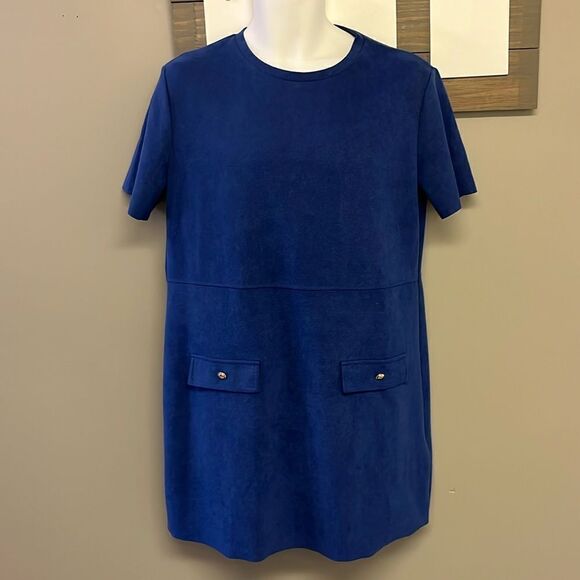 Zara Women’s Short Sleeve Pullover Blue Mini Dress w/ Faux Pockets- Size Large - Picture 1 of 10